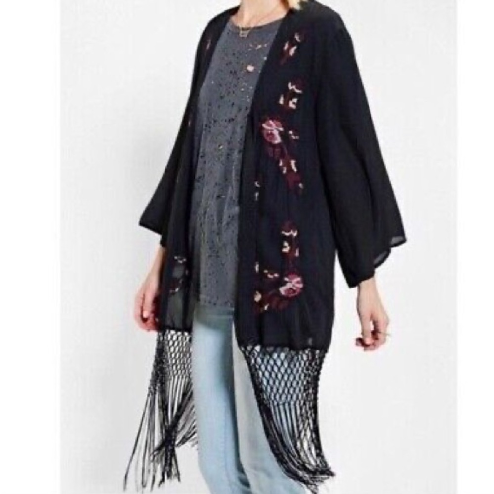 Embroidered staring at stars fringe bohemian gypsy kimono cardigan